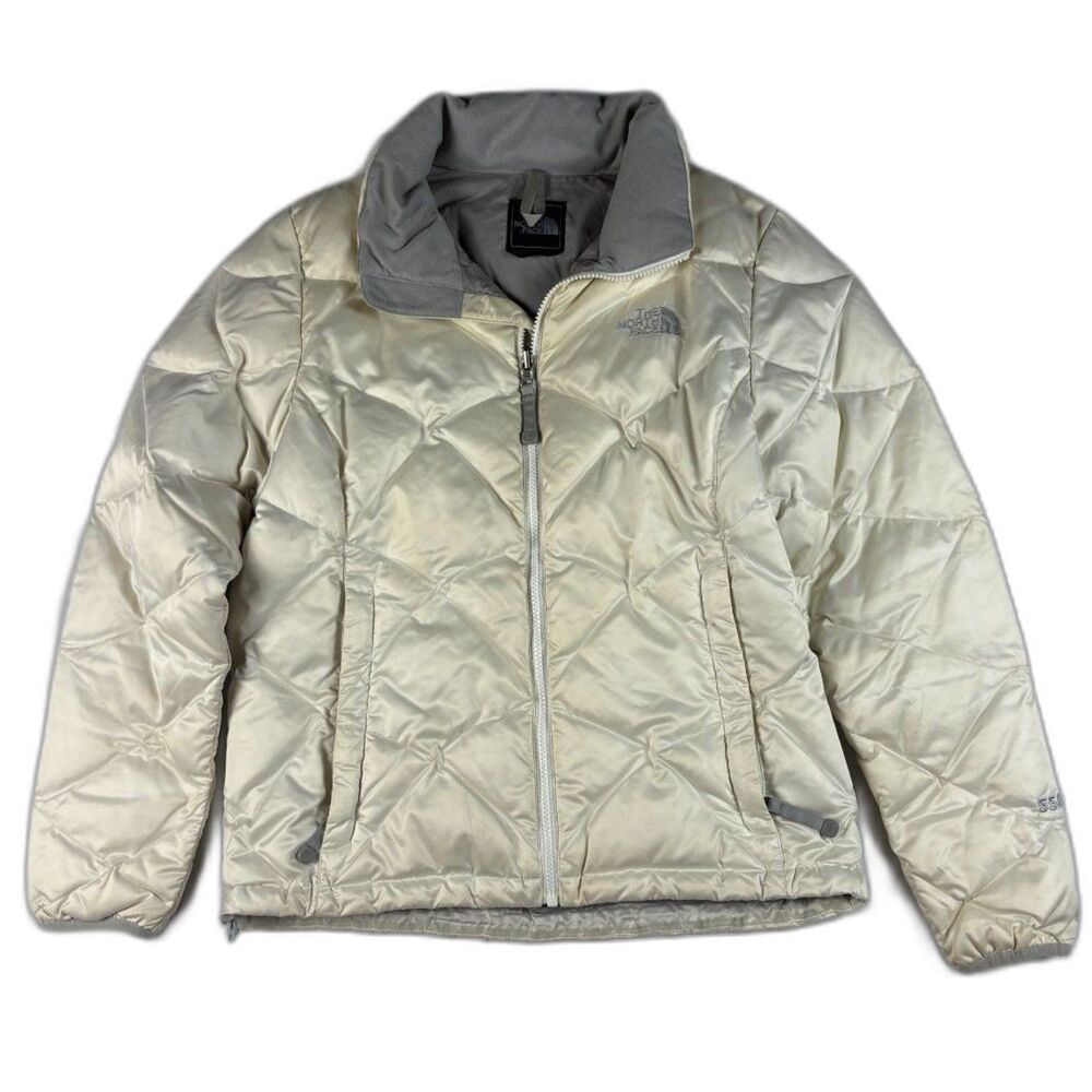 The North Face Alis 550 Down Jacket Womens M Ivory Diamond Quilted Full Zip
